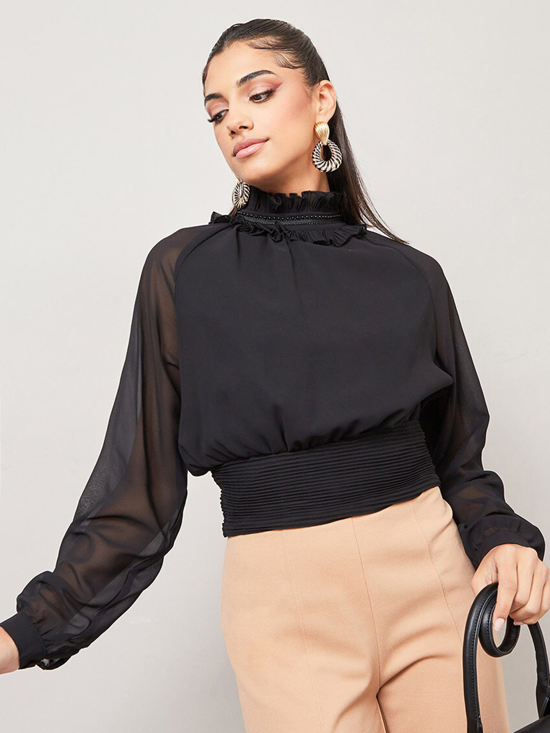 Styli Black High Neck Cuffed Sleeves Ruffles Waistband Detail Blouson  Top