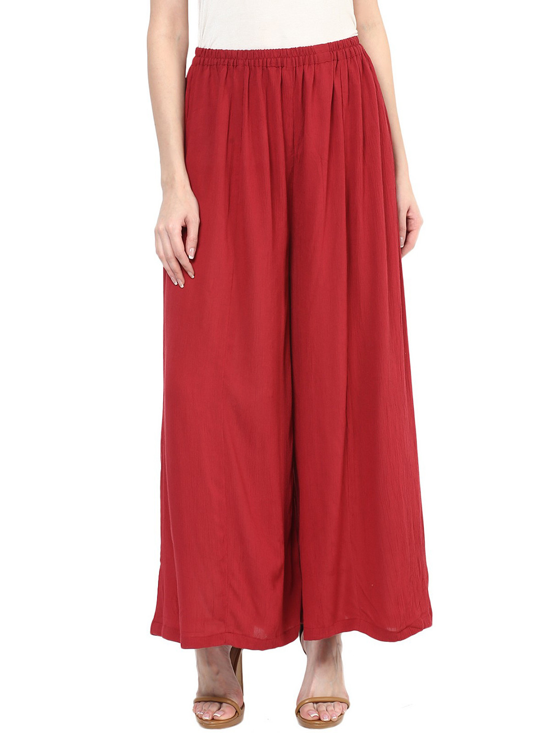 Pannkh Women Red Wide Leg Solid Palazzos
