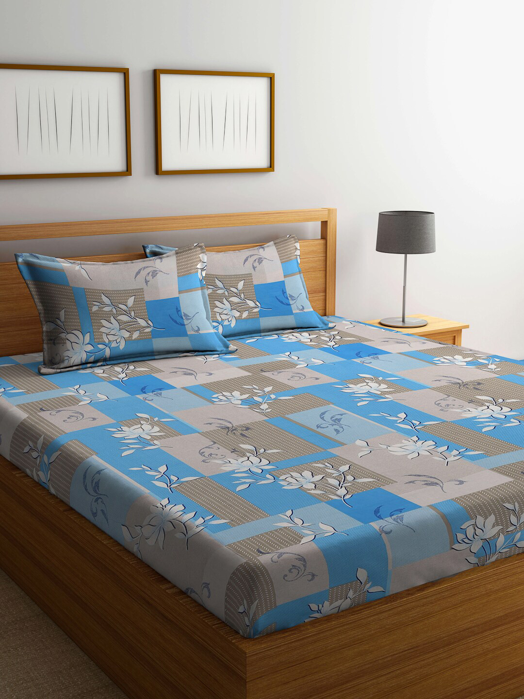 KLOTTHE Blue Floral Cotton Shrink Resistant 400 TC Fitted King Superfine Bedsheet with 2 Pillow Covers-250 x 225 cm