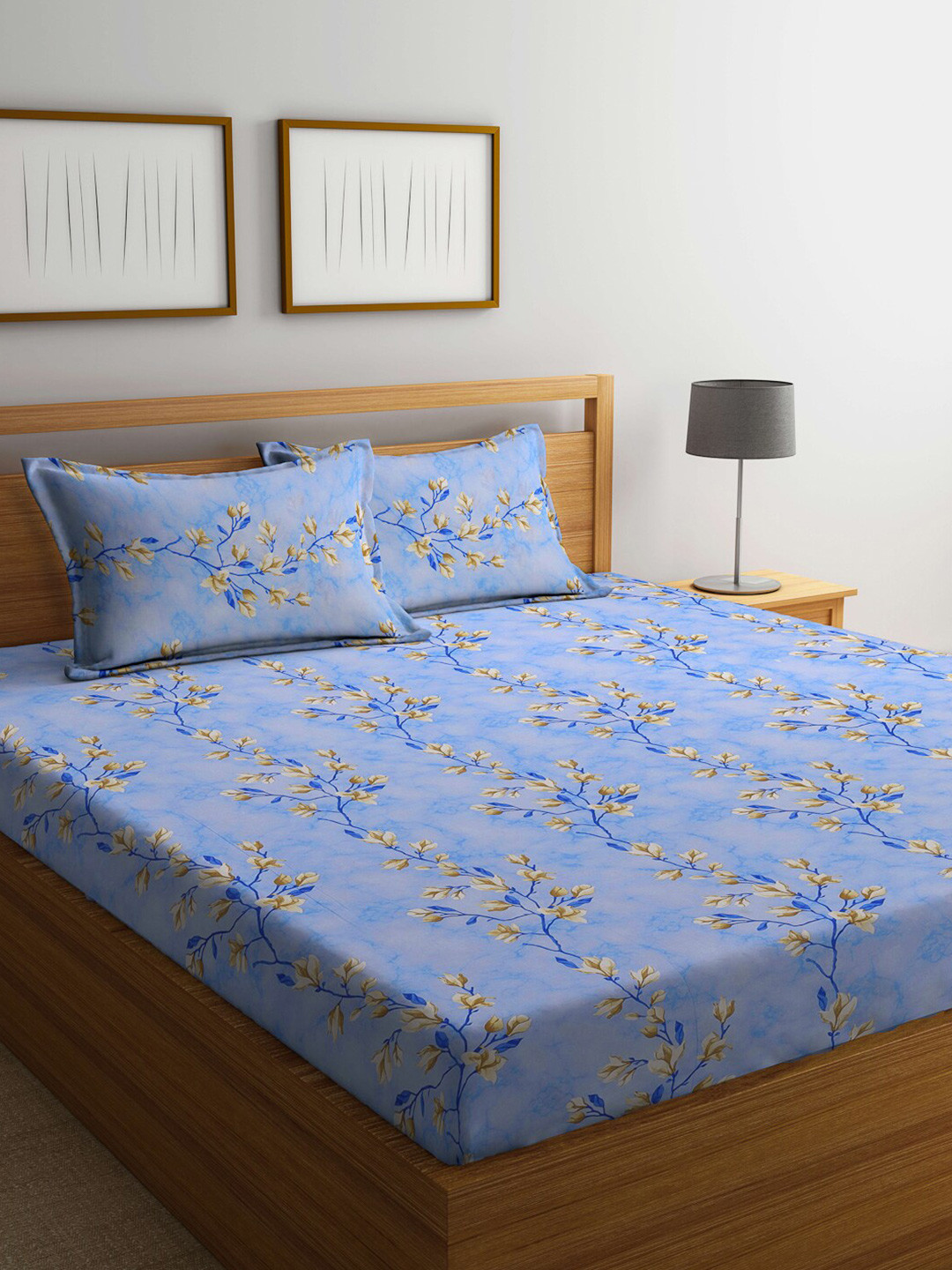 KLOTTHE Blue Floral Cotton 400 TC Fitted King Superfine Bedsheet with 2 Pillow Covers-98 x 89 inches