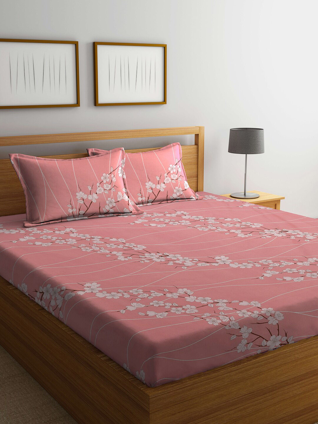 KLOTTHE Pink Floral Cotton 400 TC Fitted King Superfine Bedsheet with 2 Pillow Covers-98 x 89 inches