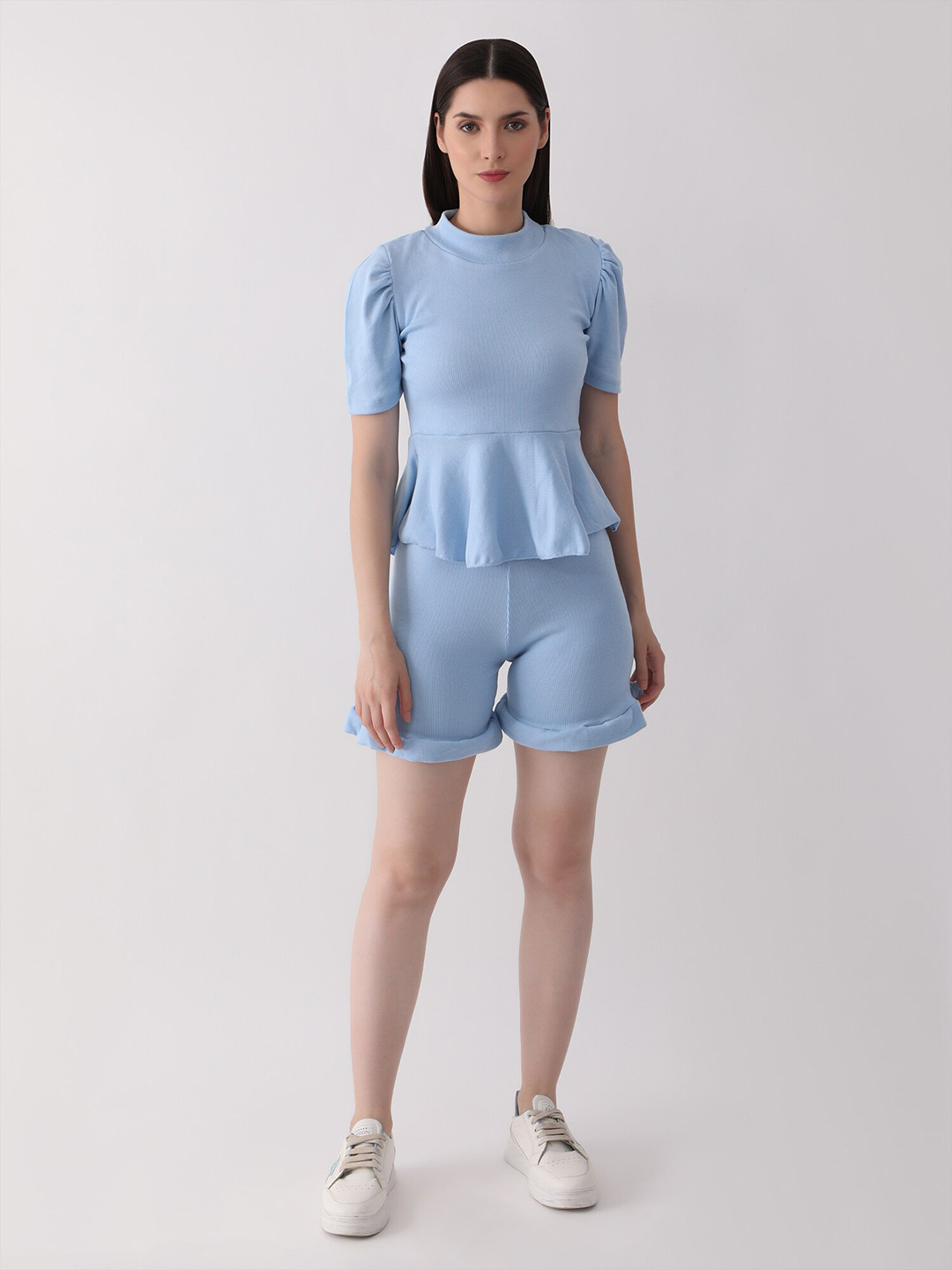 DKGF FASHION High Neck Puff Sleeve Top & Shorts
