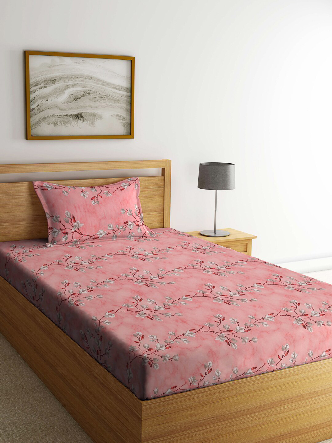 KLOTTHE Pink Floral-Printed 400TC Pure-Cotton Fitted Single Bedsheet Set