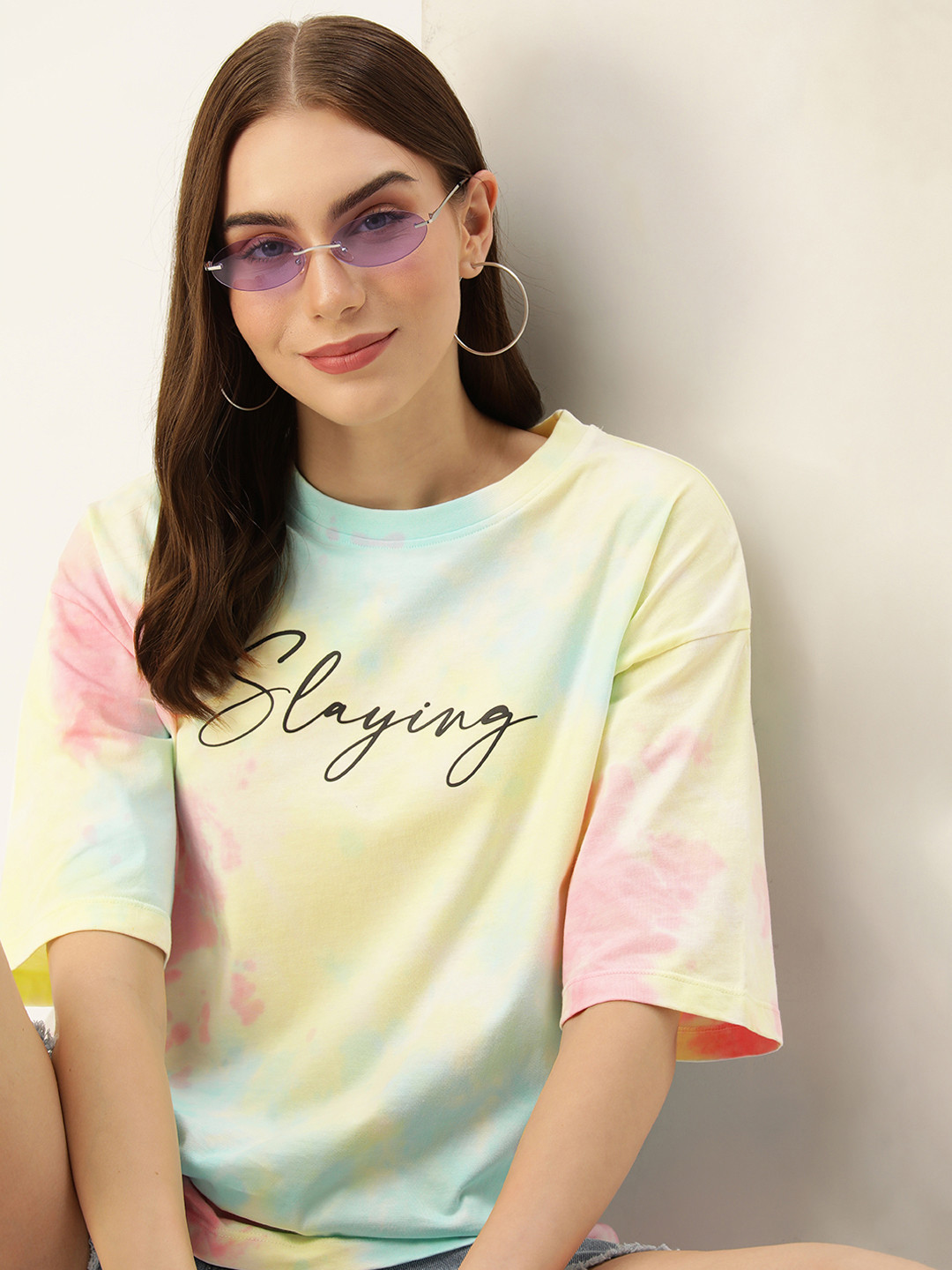 Harvard Tie and Dye Printed Drop-Shoulder Sleeves Applique T-shirt