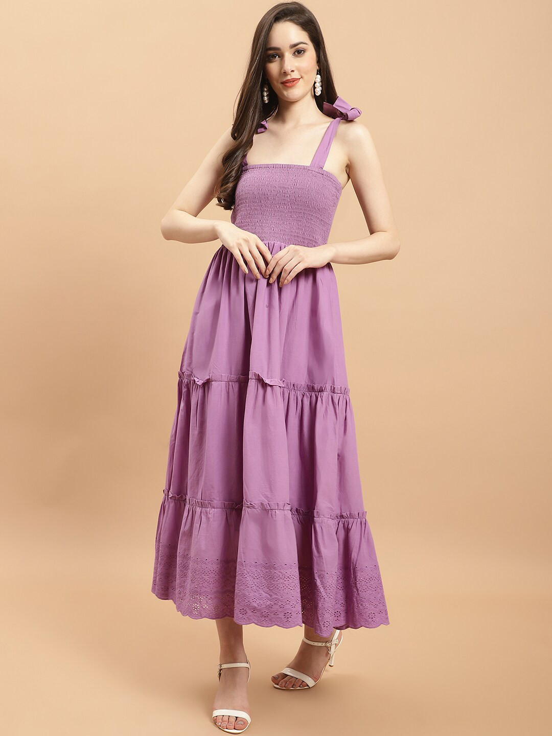 Purple State Shoulder Straps Smocked Detail Tiered Cotton Fit & Flare Midi Dress