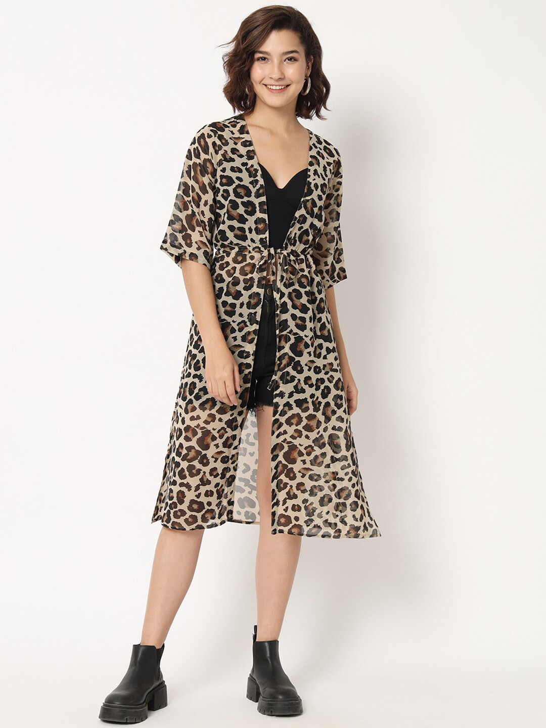 CHARMGAL Women Animal Printed Longline Georgette Tie-Up Shrug