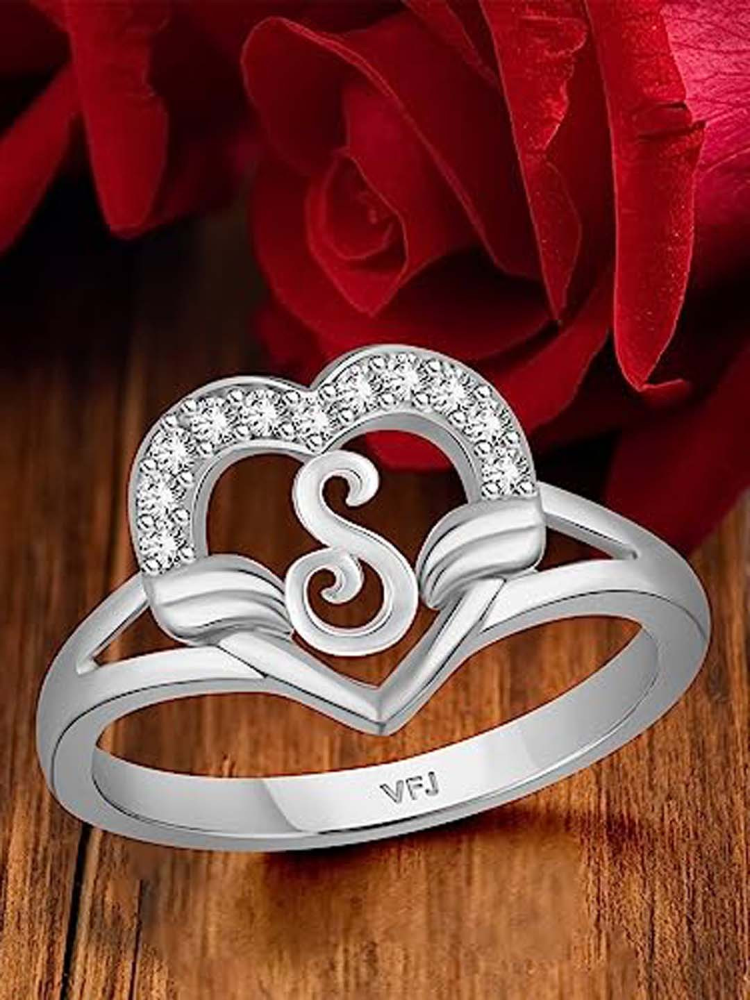 Vighnaharta Rhodium Plated CZ Studded S Alphabet Finger Ring