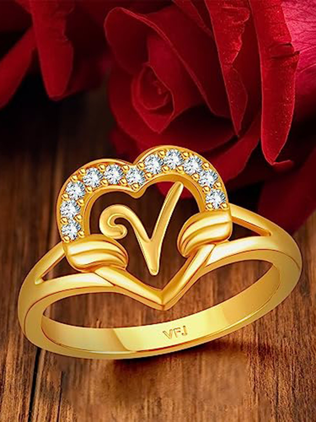 Vighnaharta Rose Gold-Plated CZ Studded Alphabet V Heart Finger Ring