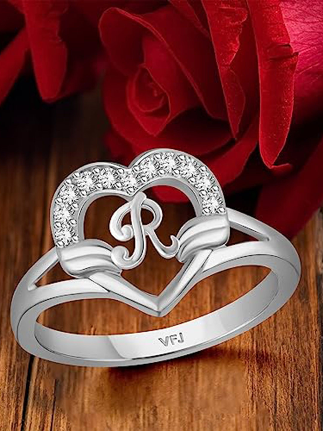 Vighnaharta Rhodium-Plated & CZ-Studded R Alphabet Heart Finger Ring