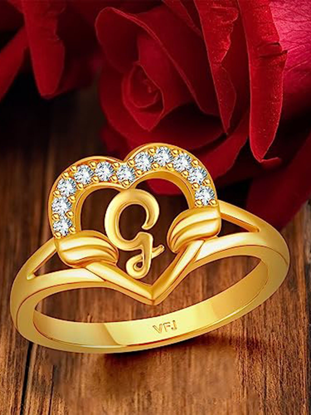 Vighnaharta Gold-Plated CZ Studded Alphabet V Heart Finger Ring
