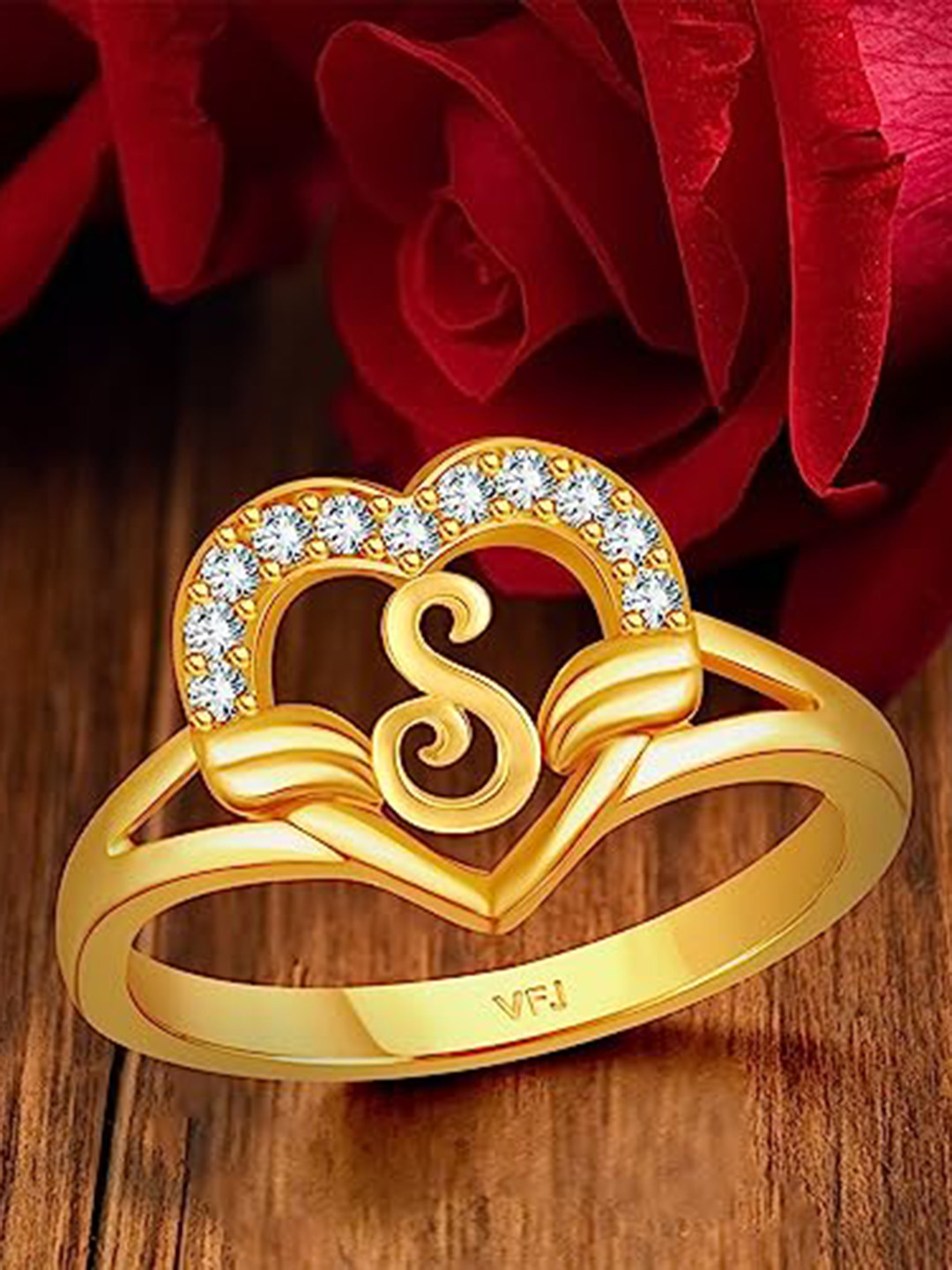 Vighnaharta Gold Plated CZ Studded S Alphabet Finger Ring