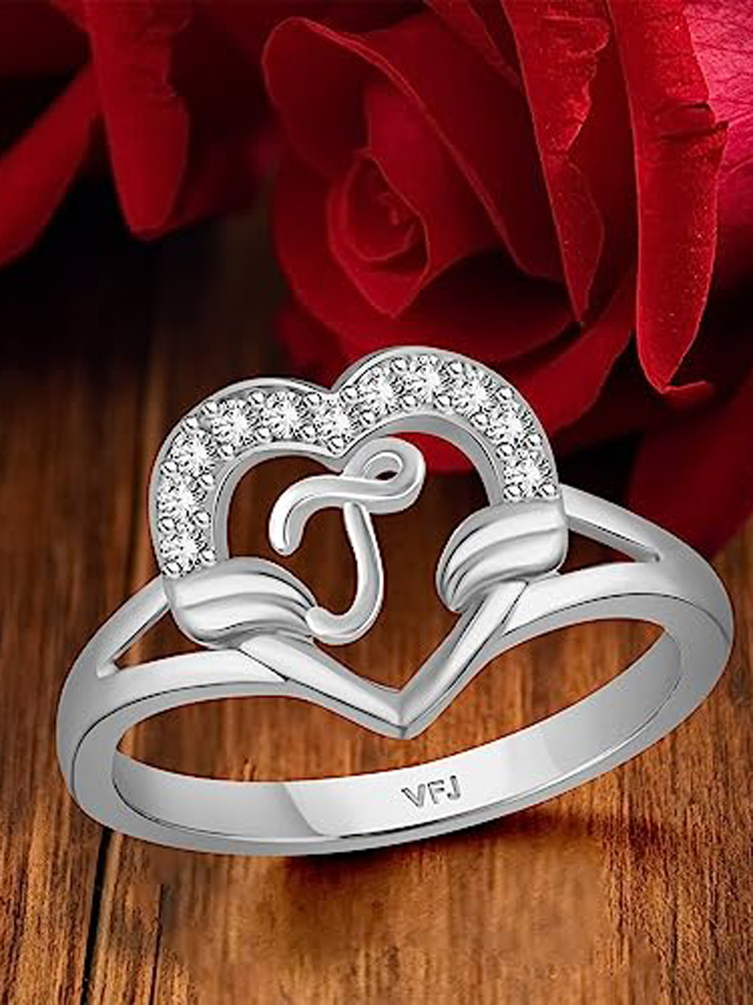 Vighnaharta Rhodium-Plated CZ Studded Alphabet J Finger Ring