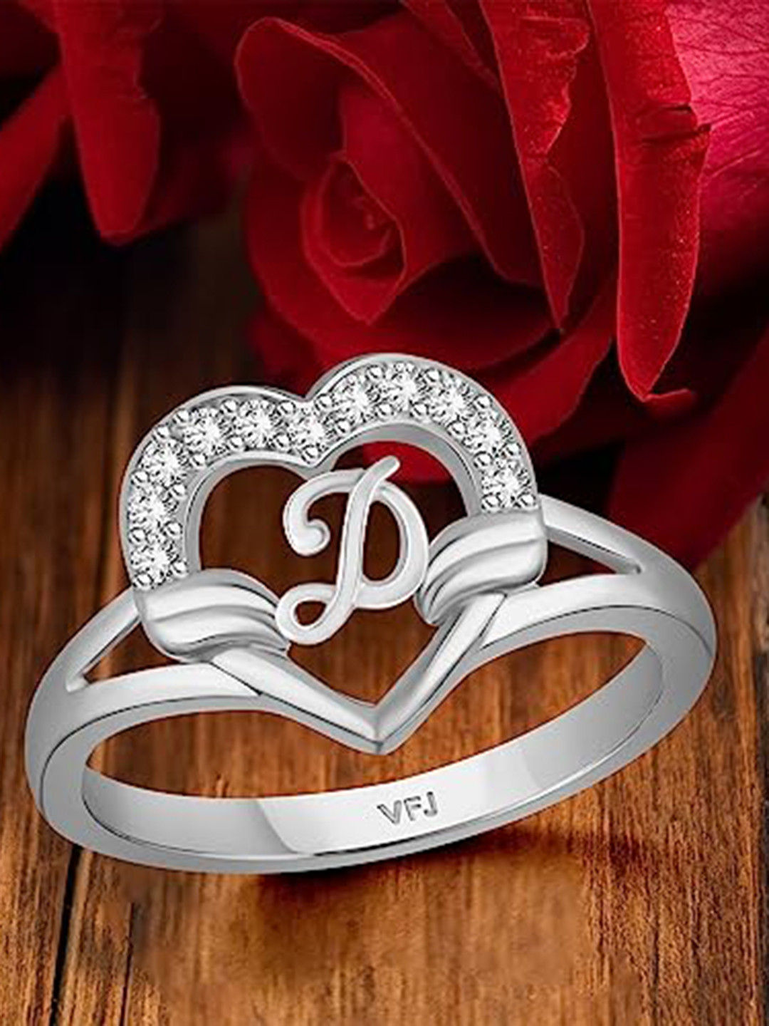 Vighnaharta Rhodium-Plated CZ Studded Alphabet D Finger Ring