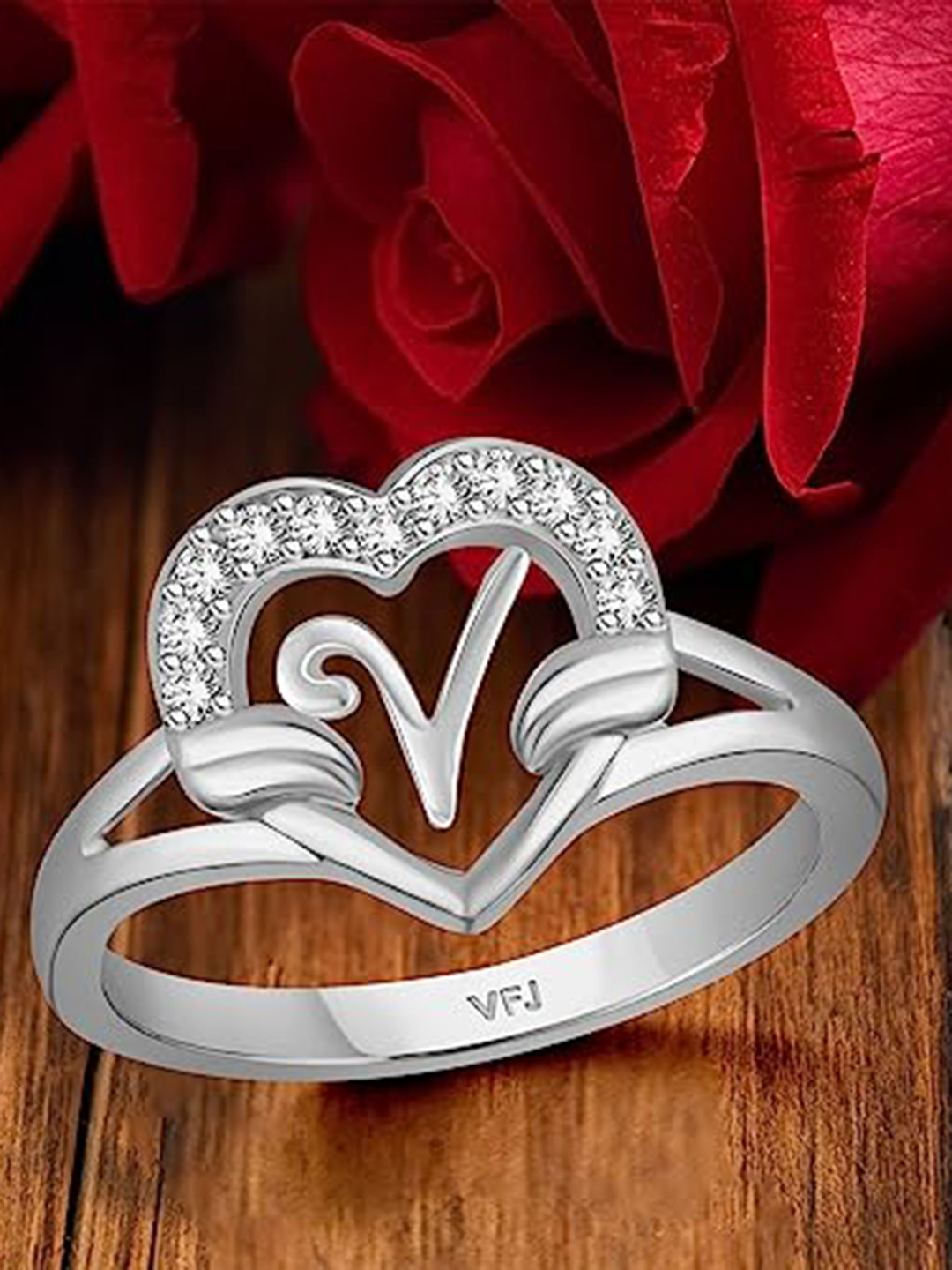 Vighnaharta Rhodium-Plated CZ Studded Alphabet V Heart Finger Ring