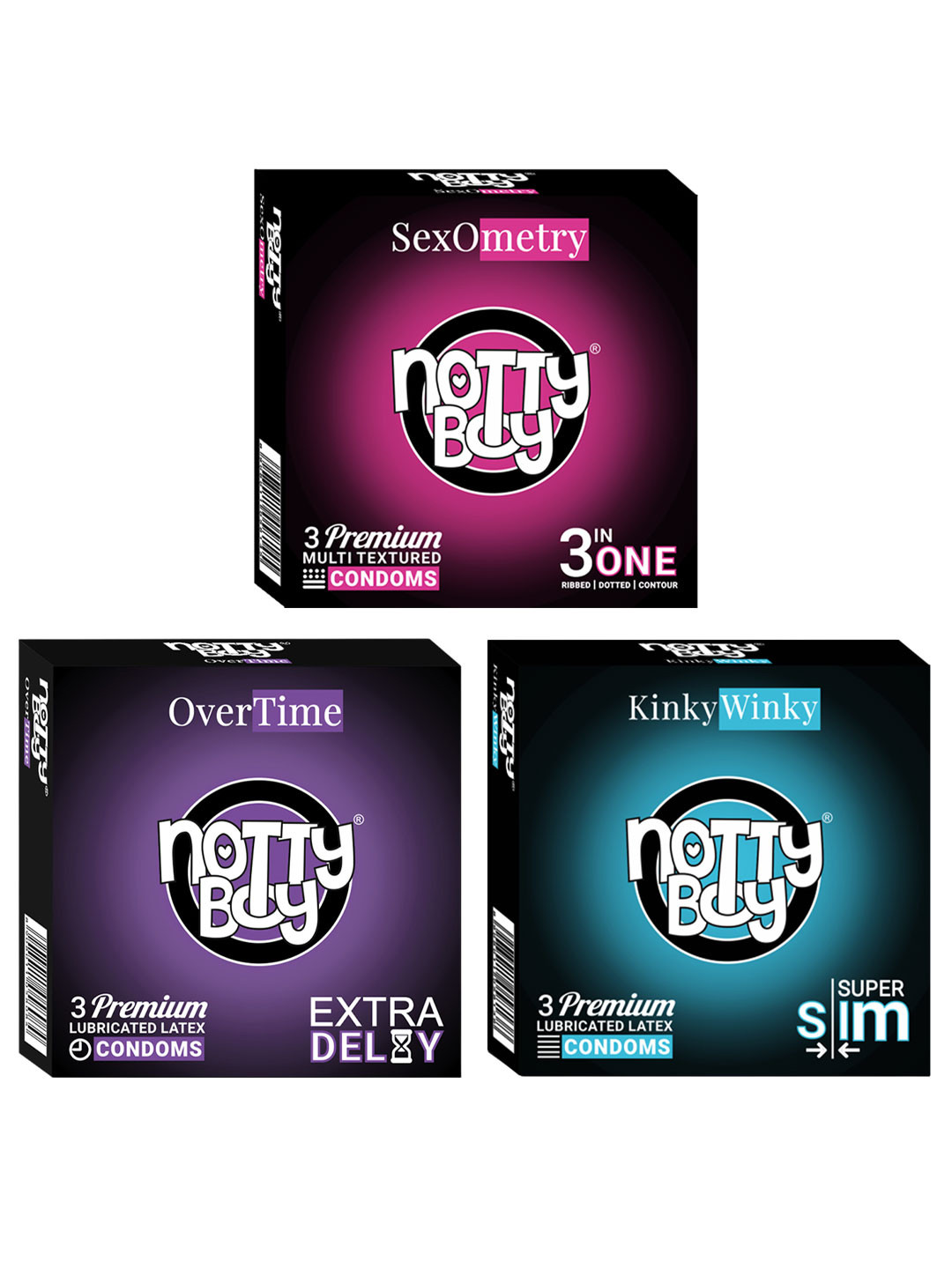 noTTy Boy Men Set Of 3 3 In 1 Dotted & Ribbed Ultra Thin Lubricated Condoms - 3Pcs Each