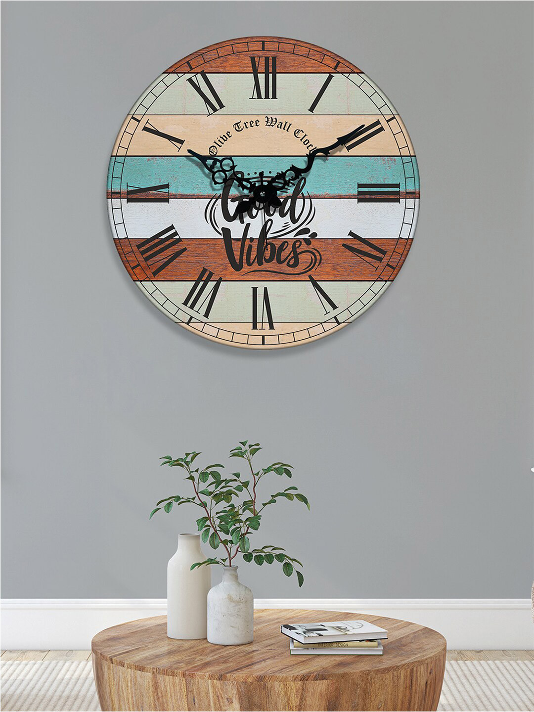 OLIVE TREE Brown & Blue Striped Analogue Contemporary Wall Clock