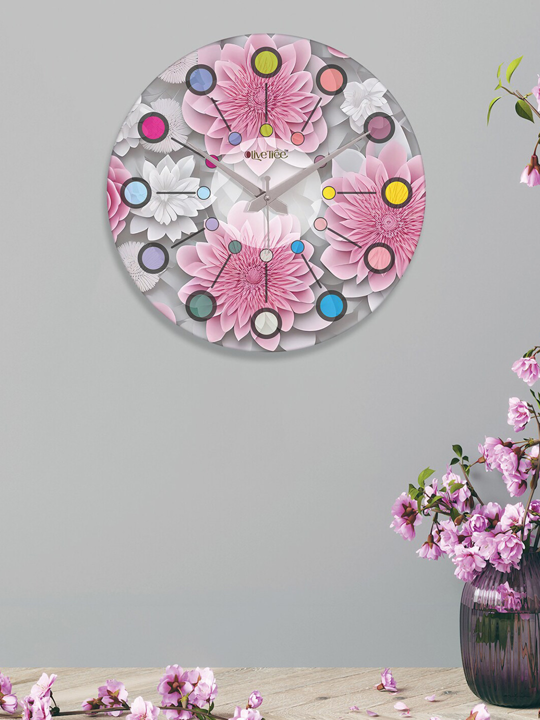 OLIVE TREE Pink & White Printed Analogue Contemporary Wall Clock