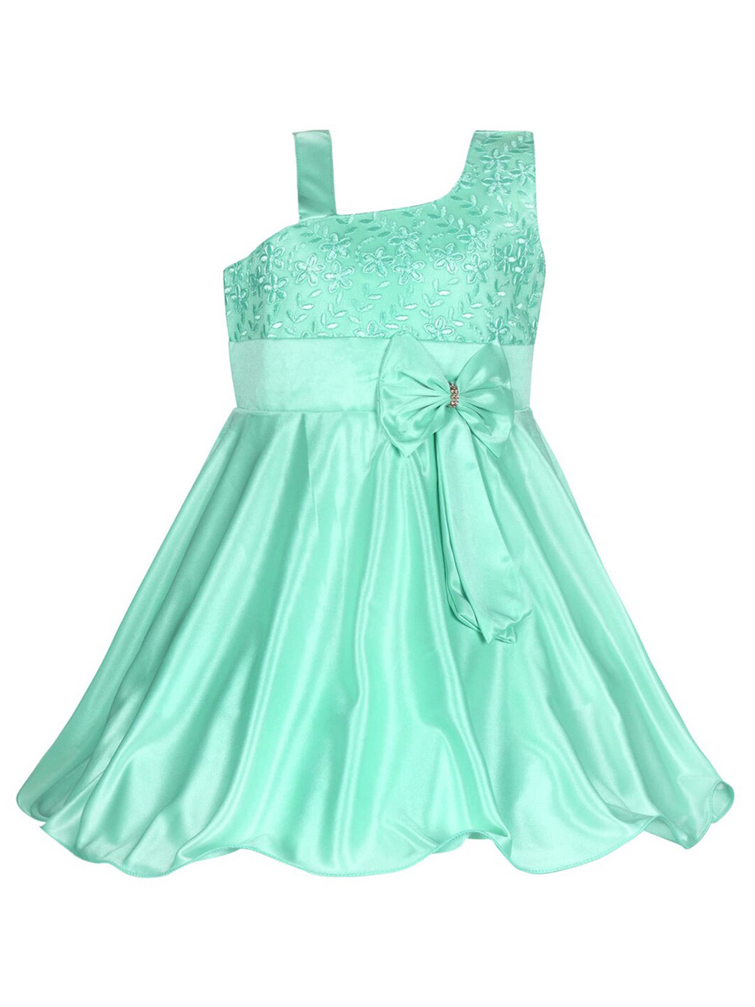 Wish Karo Girls One Shoulder Sleeveless Embroidered Satin Fit & Flare Dress