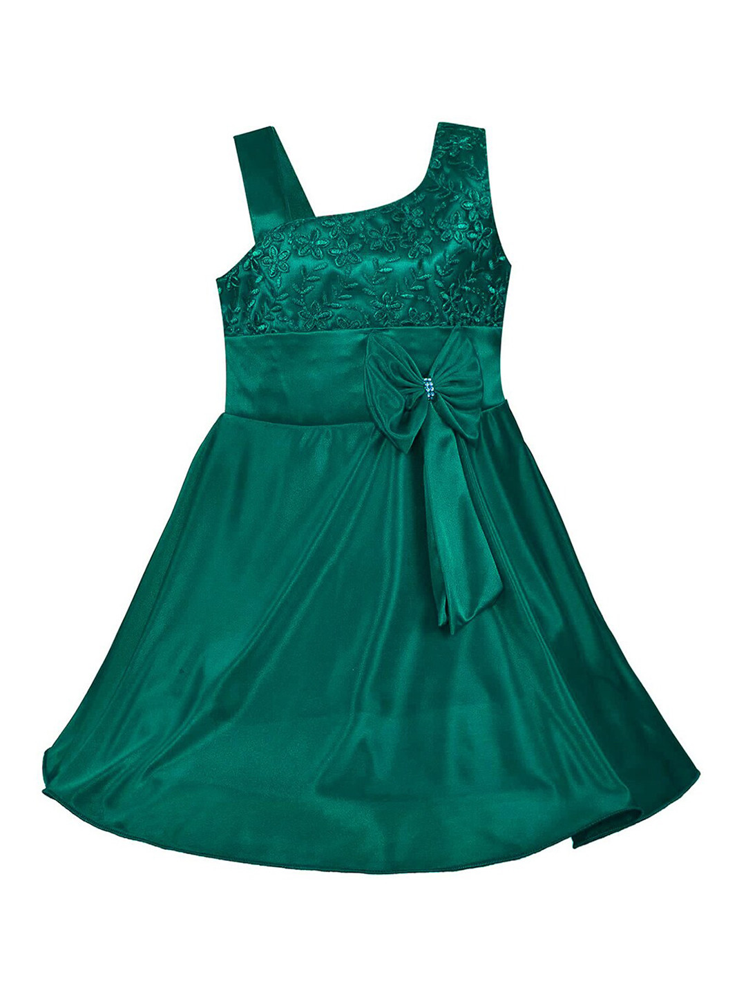 Wish Karo Girls One Shoulder Sleeveless Embroidered Satin Fit & Flare Dress