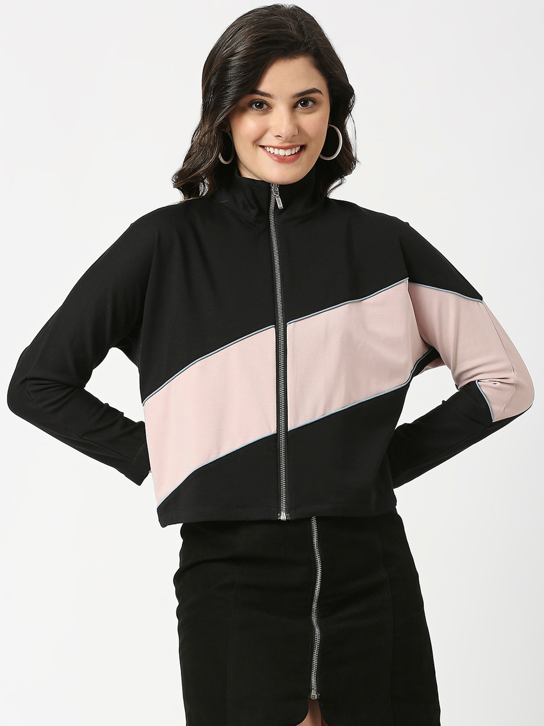 ANWAIND Black Colourblocked Bomber Jacket