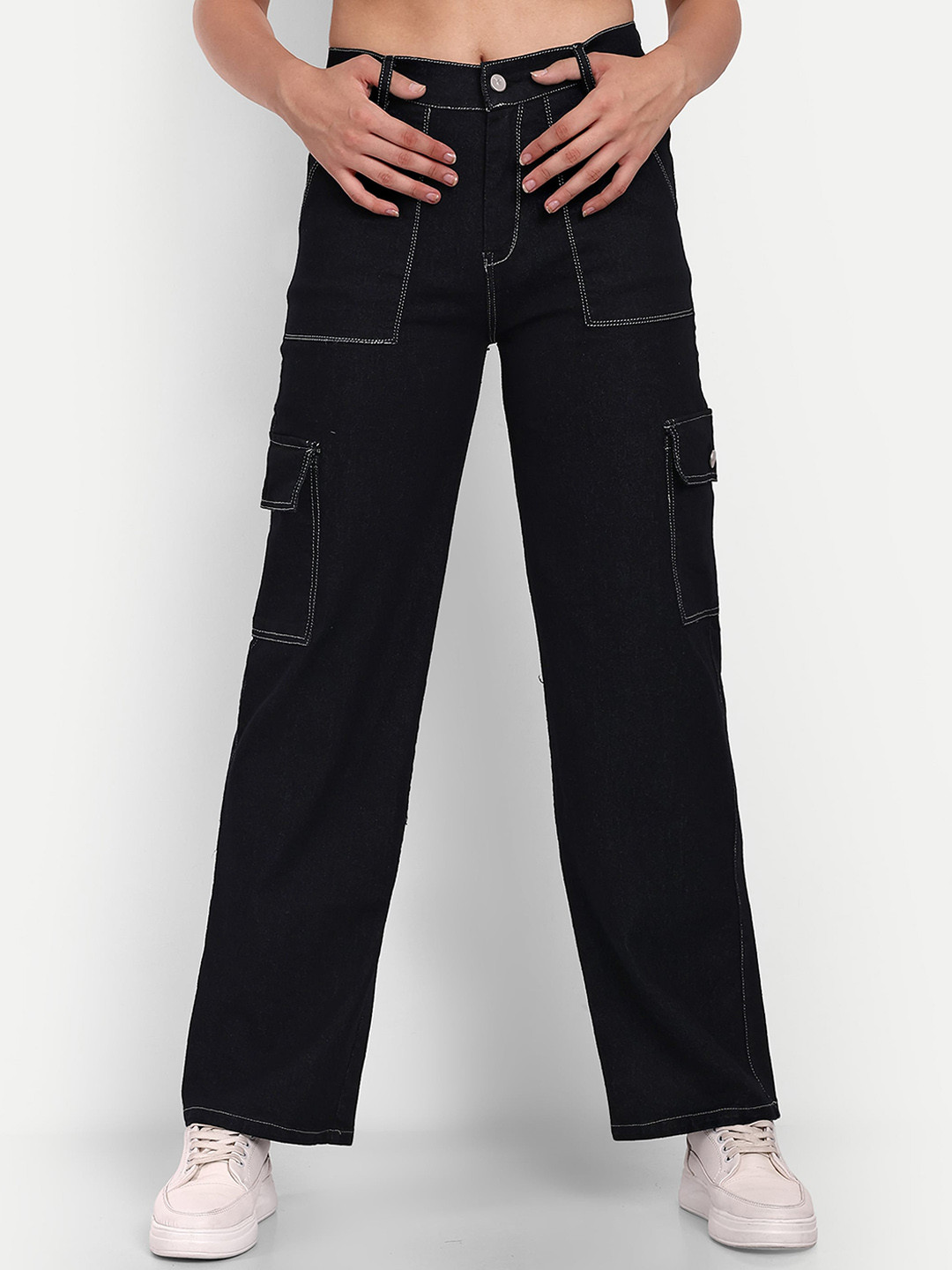 BROADSTAR Smart Women Clean Look Wide Leg High-Rise Cotton Stretchable Jeans