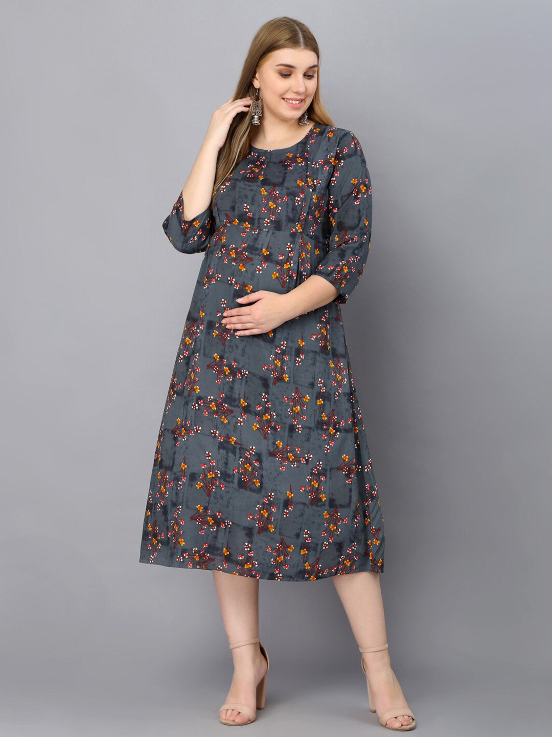 KALINI Grey Floral Print  A-Line Maternity Dress
