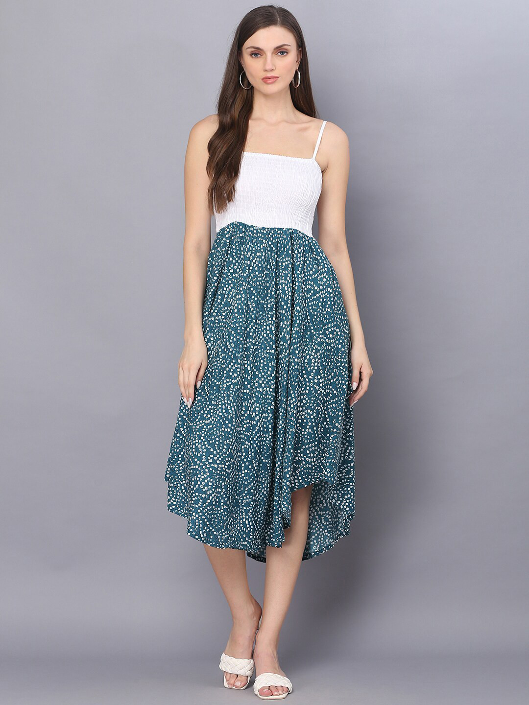 KALINI Shoulder strap Neck Conversational Print Asymmetric Hemline Fit & Flare Midi Dress