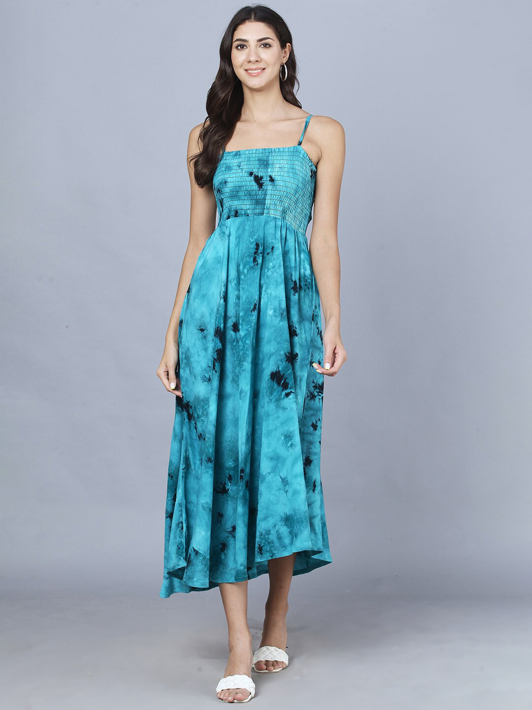 KALINI Shoulder Strap Tie And Dye Dyed Smocked Fit & Flare Midi Dress