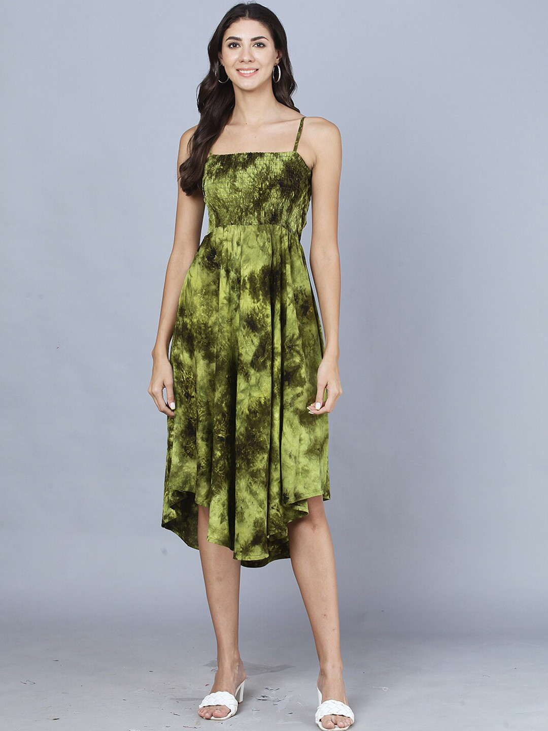 KALINI Astract Print Smocked Fit & Flare Midi Dress