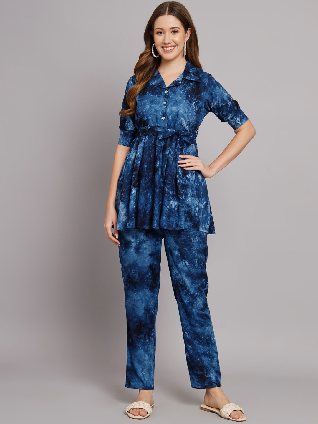 KALINI Tie & Dye Printed Notched Lapel Collar Top with Trousers