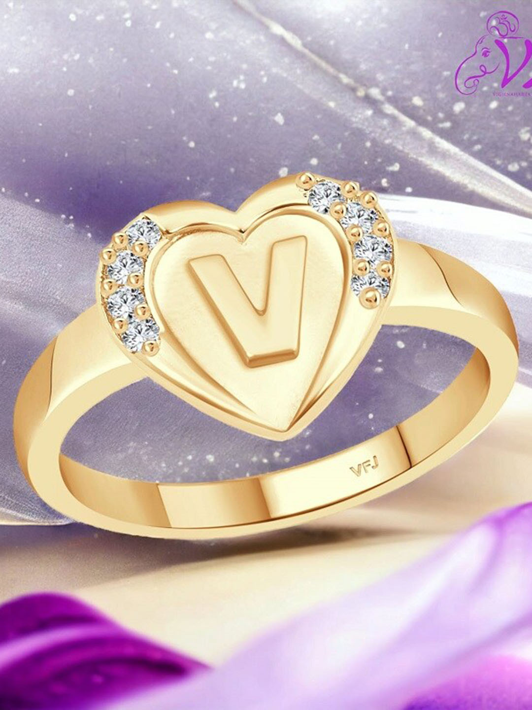 Vighnaharta Gold-Plated CZ Studded Alphabet V Finger Ring