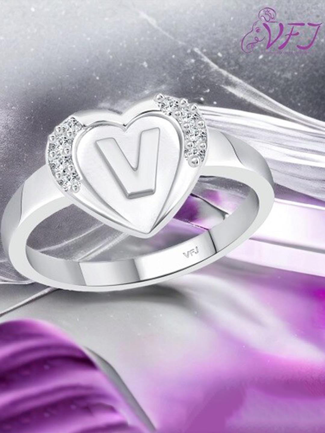 Vighnaharta Rhodium Plated Alphabet V Finger Ring