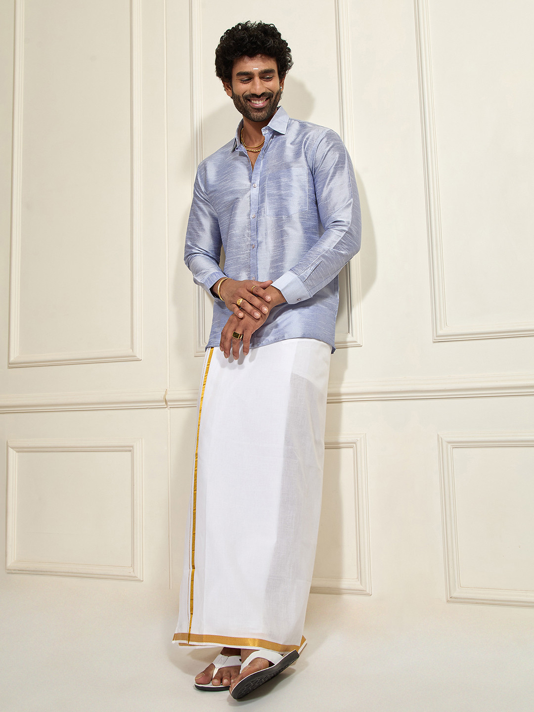 VASTRAMAY Long Sleeves Shirt Collar Melange Shirt And Veshti Set