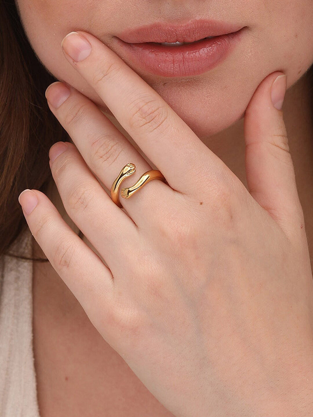 PALMONAS 18k Gold-Plated Love Hug Stainless Steel Finger Ring