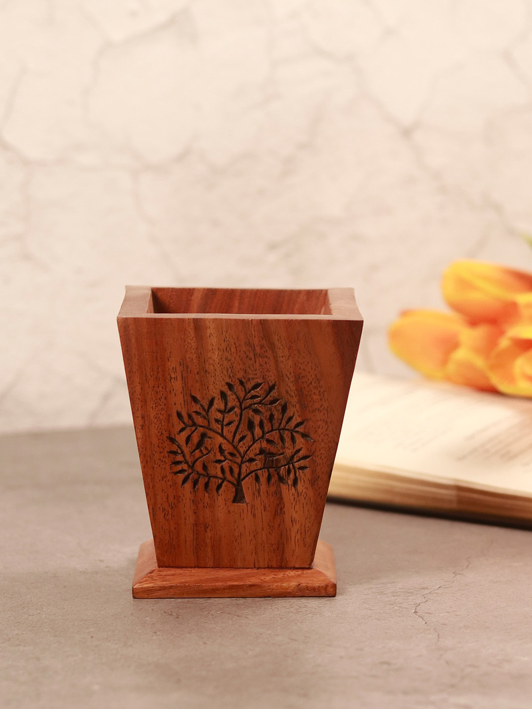 Unravel India Brown Tree of Life Printed Sheesham Wood Stationary Holder