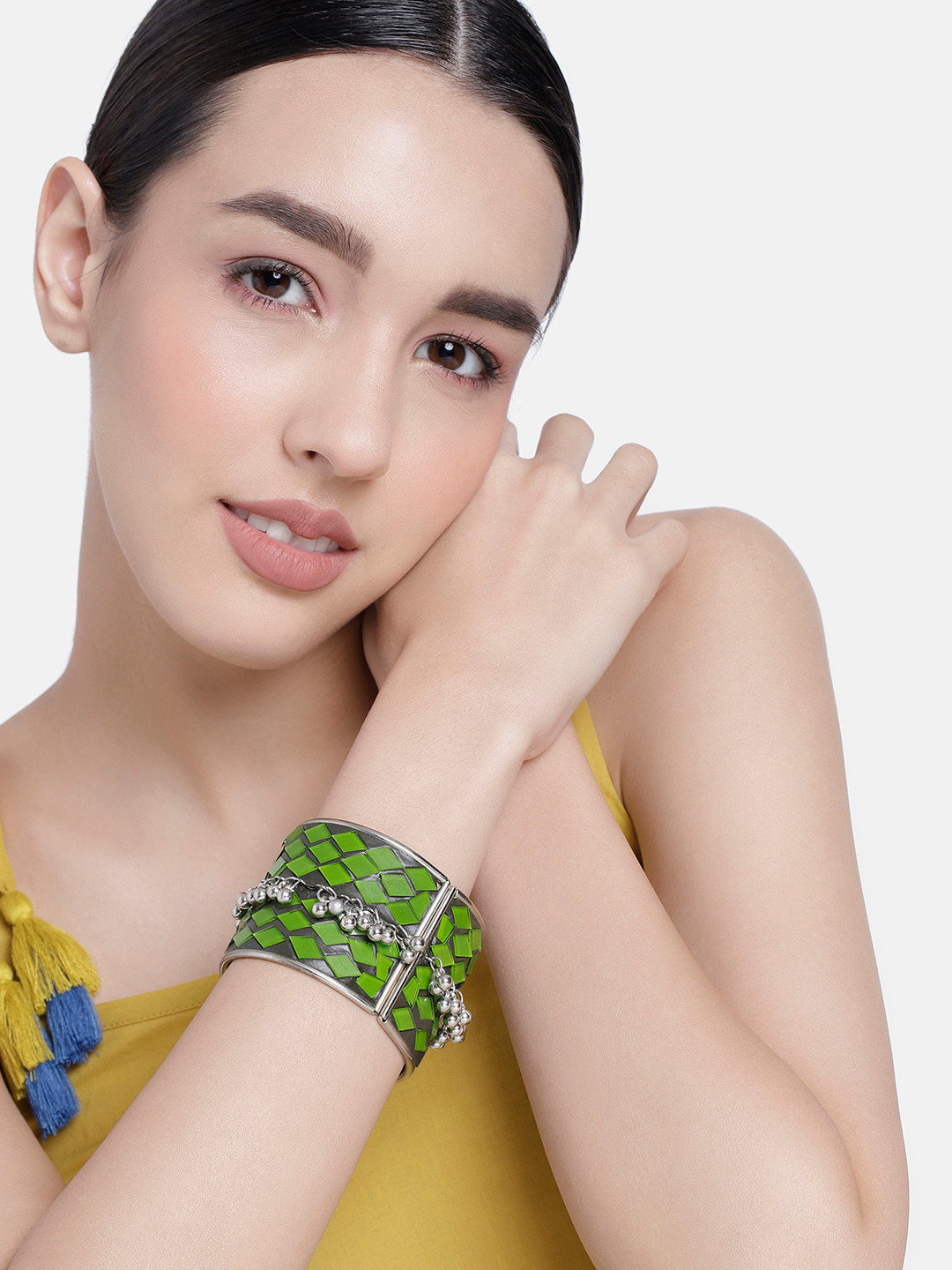 LAIDA Women Meenakari Silver-Plated Cuff Bracelet