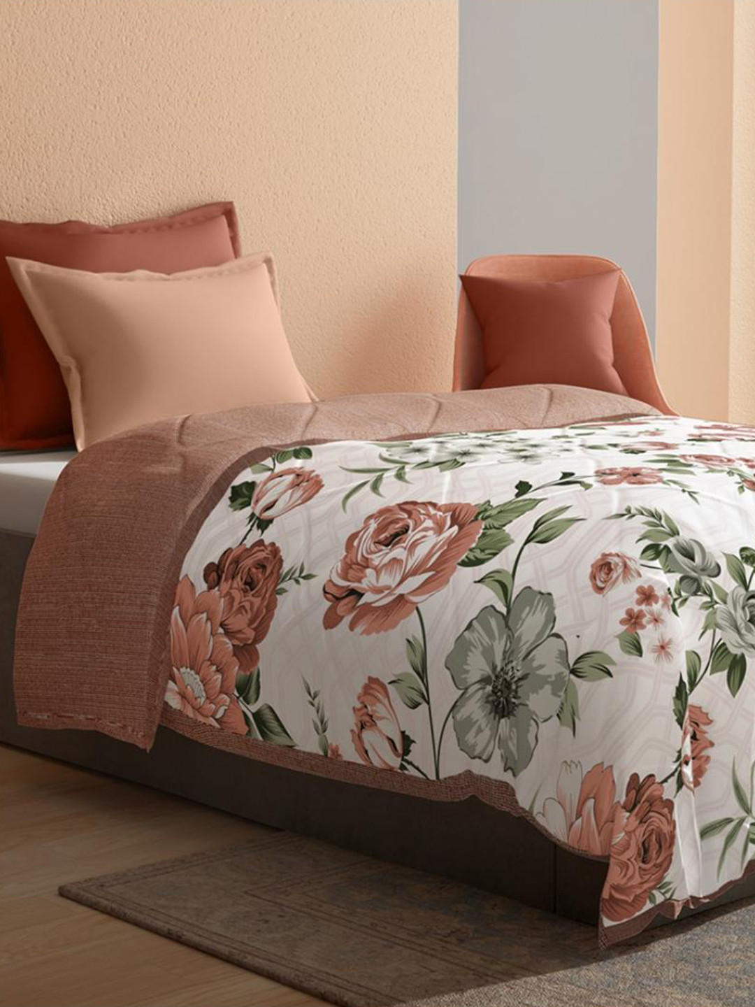 wakefit White & Brown Floral Mild Winter Reversible 120 GSM Single Bed Comforter