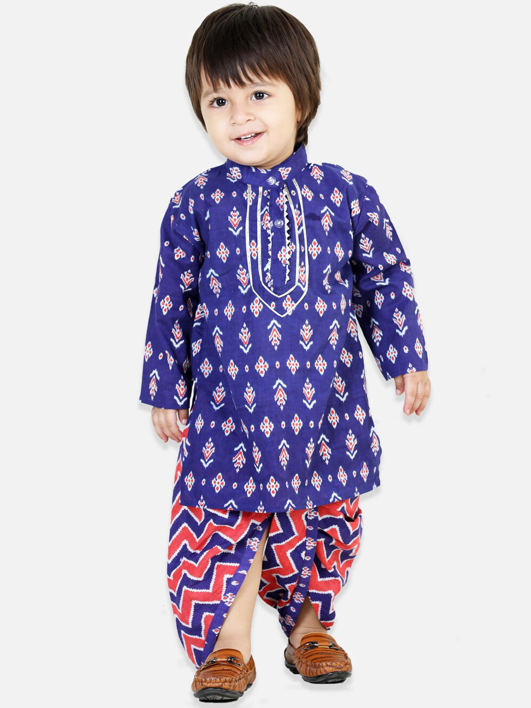 BownBee Boys Ethnic Motif Printed Gotta Patti Pure Cotton Kurta With Dhoti Pants