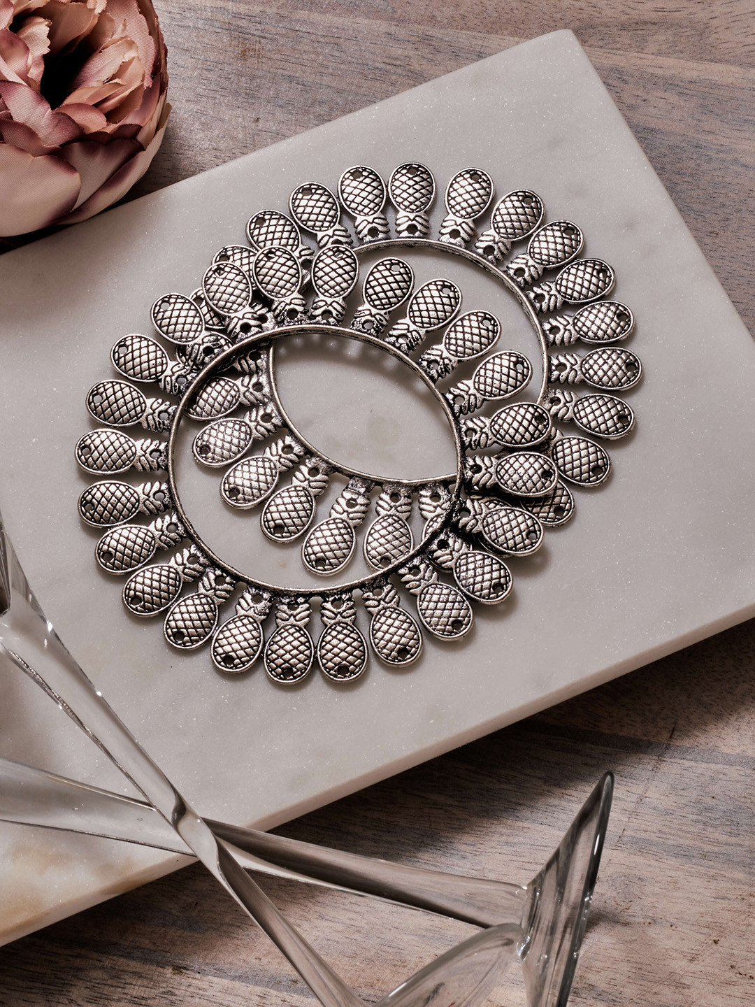 ATIBELLE Set Of 2 Silver-Plated Pineapple Shaped Bangles