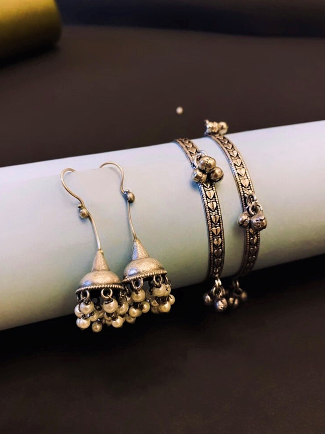 ATIBELLE Silver-Plated & Beaded Bangles & Earrings Jewellery Set