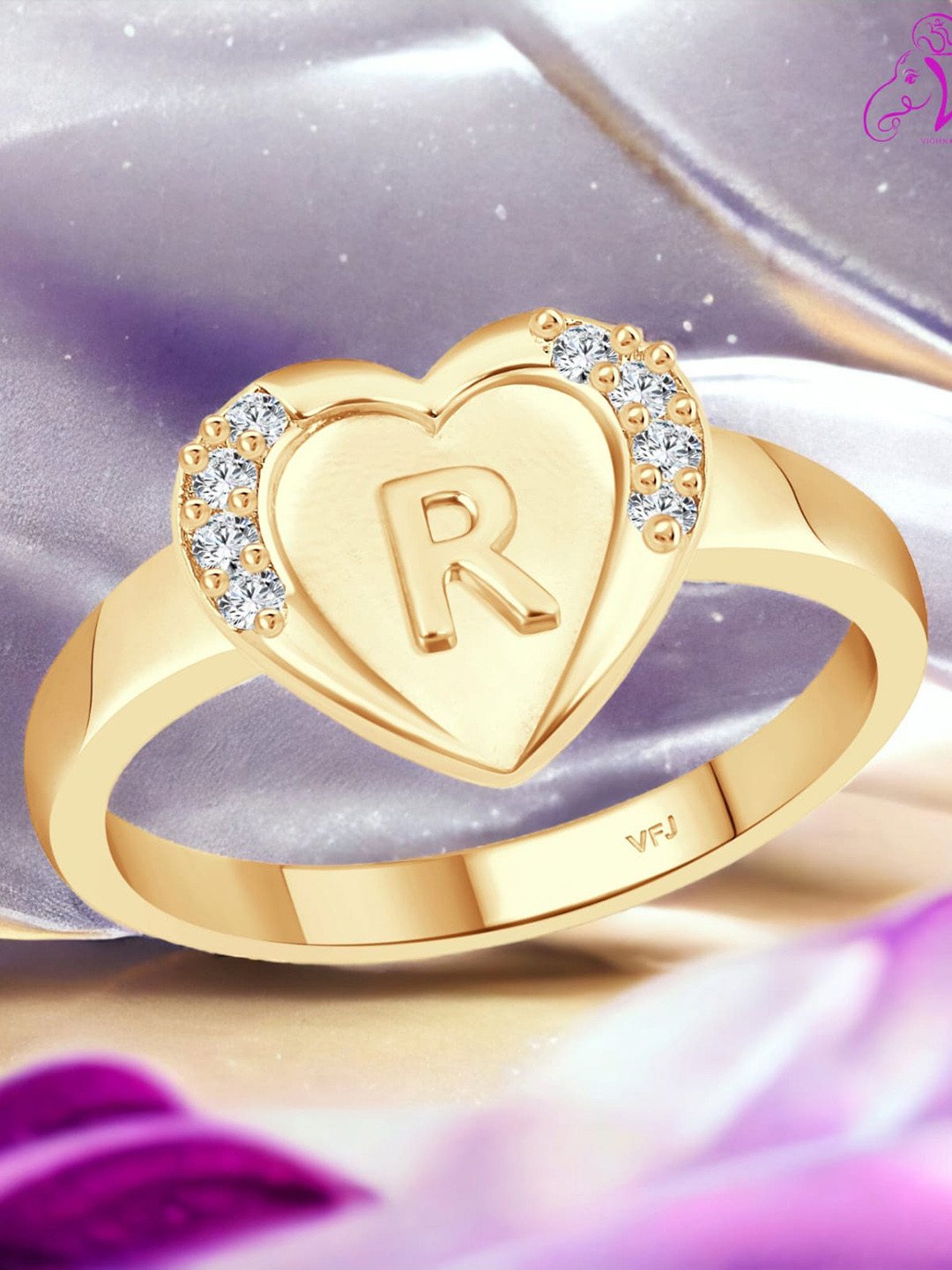 Vighnaharta Gold Plated CZ Studded R Alphabet Finger Ring