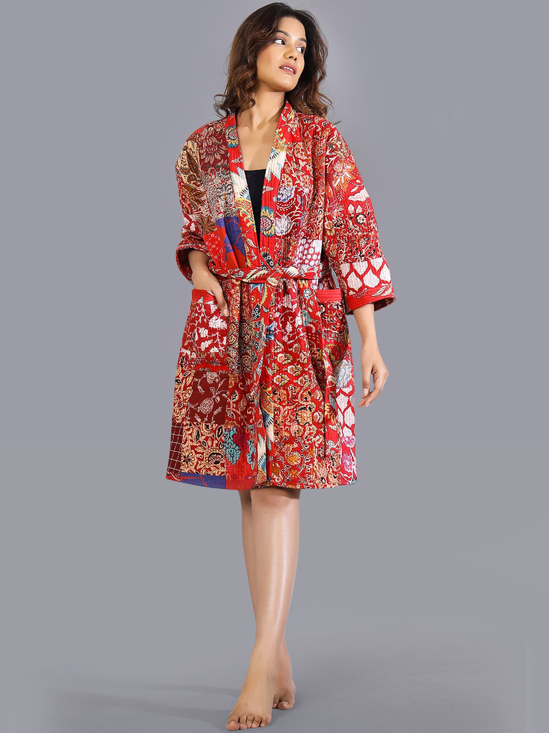 HANDICRAFT PALACE Patchwork Quilted Red Floral Cotton Drawstring Knee Length Bath Robe