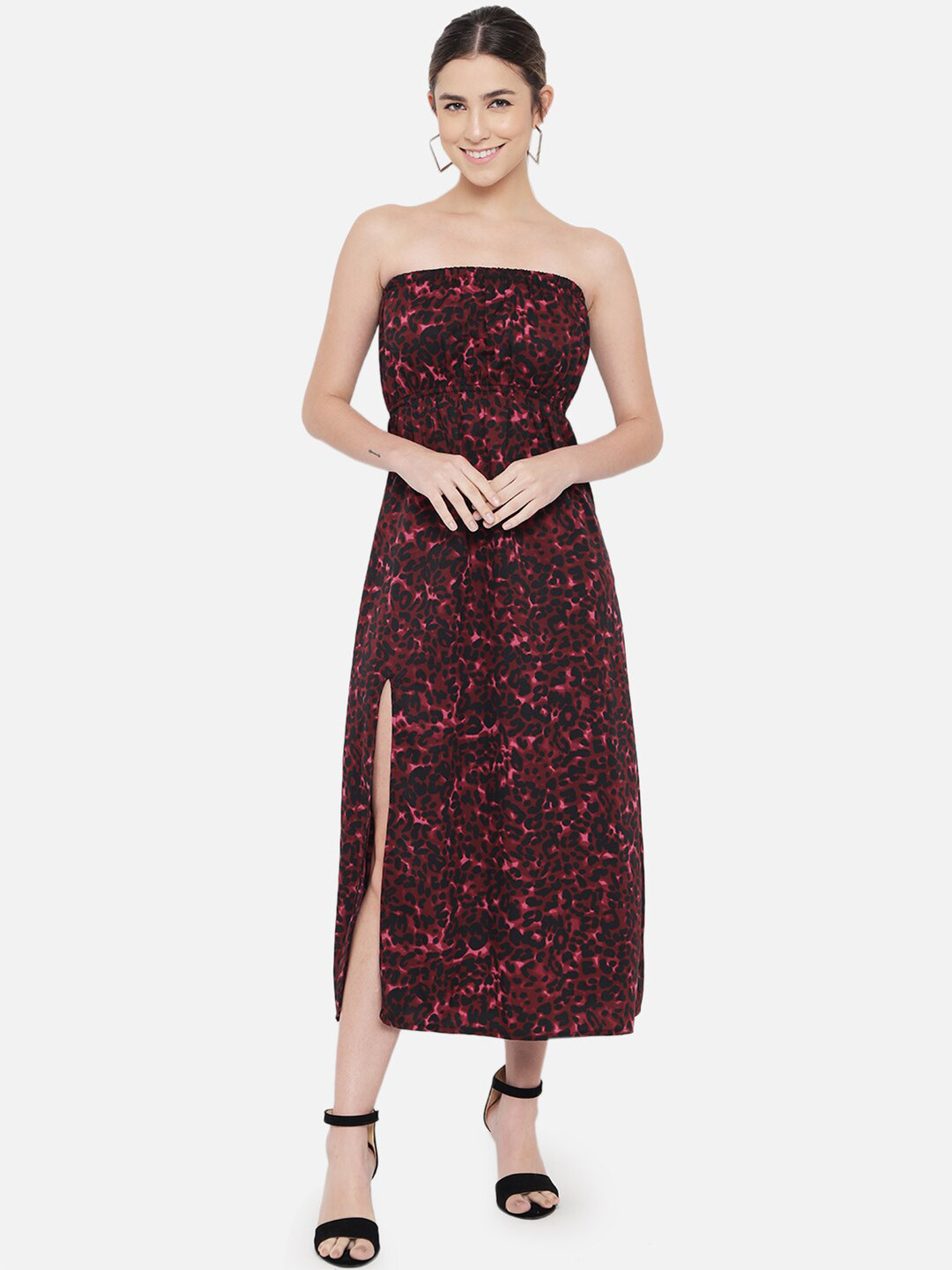 BAESD Maroon Abstract Printed Off-Shoulder A-Line Midi Dress