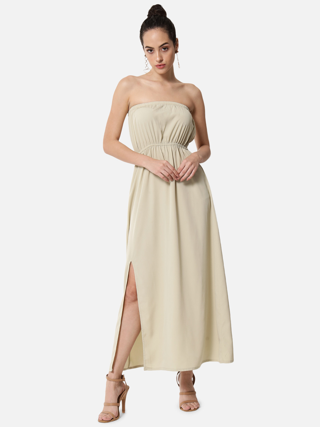 BAESD Beige Crepe Fit & Flare Maxi Dress