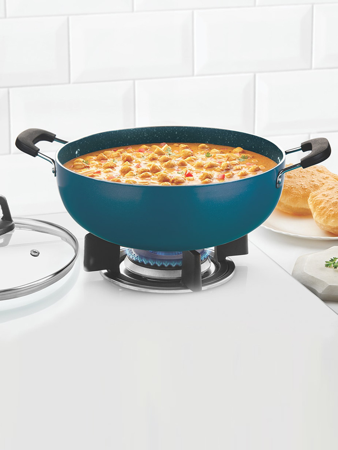 BOROSIL ProChef Blue Non-stick Kadhai With Lid