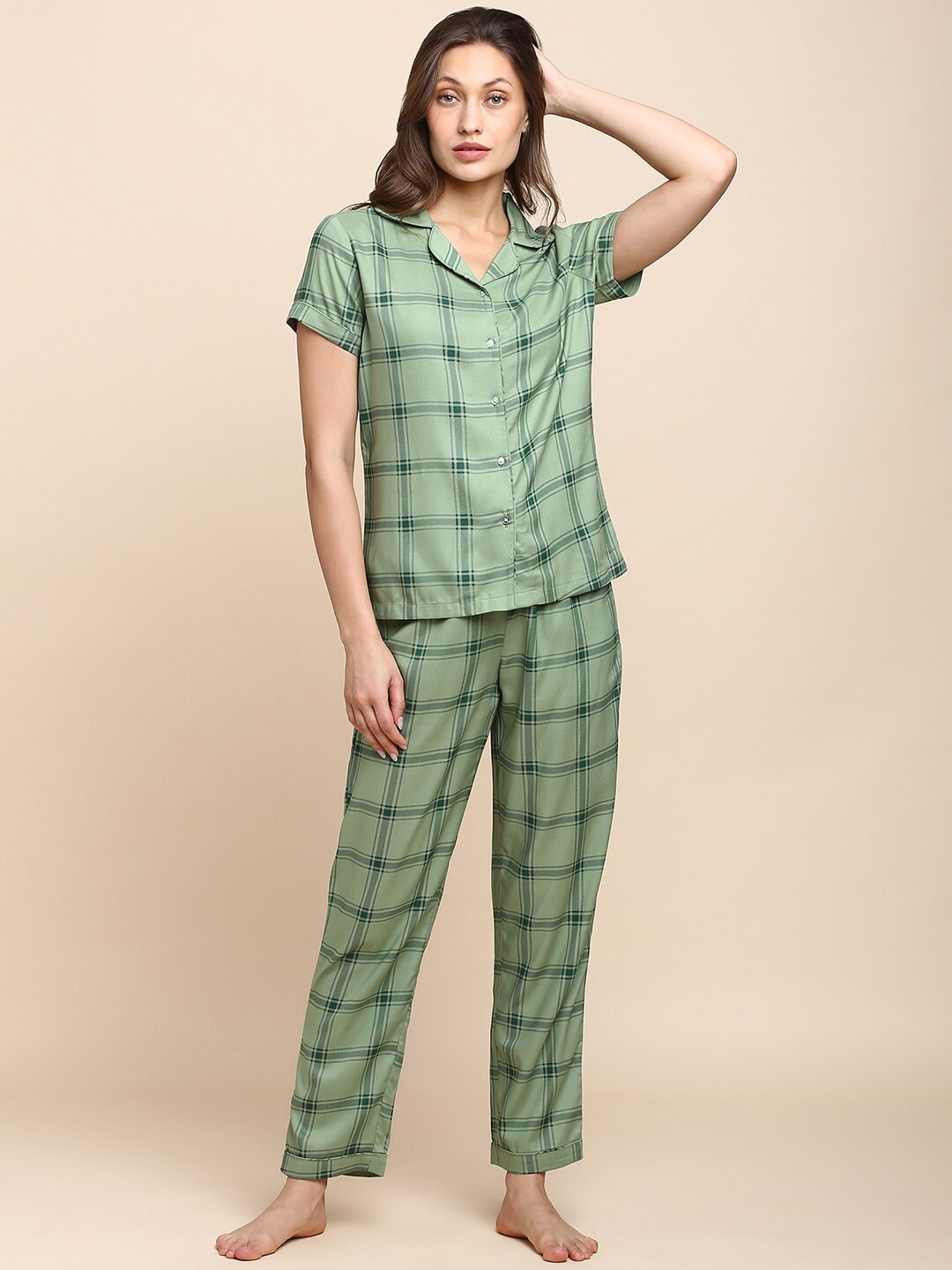 Van Heusen Checked Lapel Collar Night suit