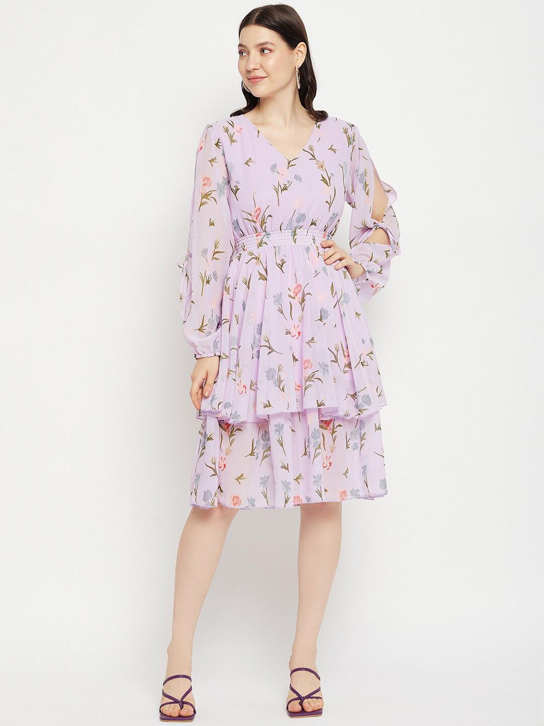 Bitterlime  Floral Printed Puff Sleeves Fringed Layered Fit & Flare Dress