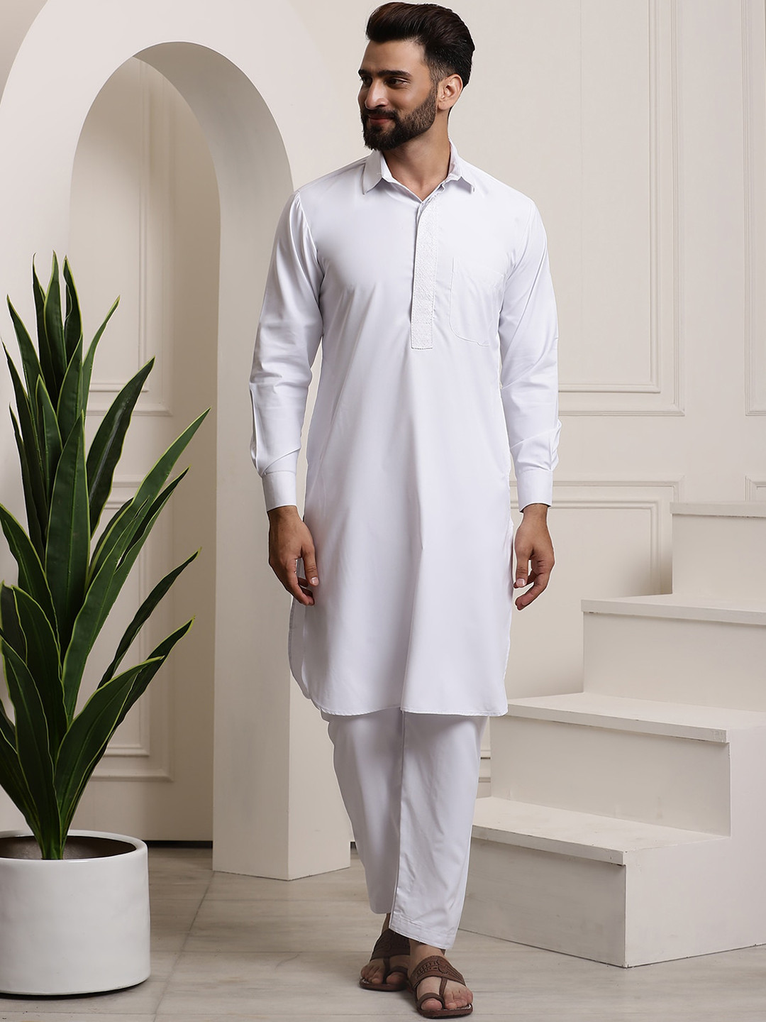 SOJANYA Shirt Collar Thread Work Pathani Pure Cotton Kurta with Salwar
