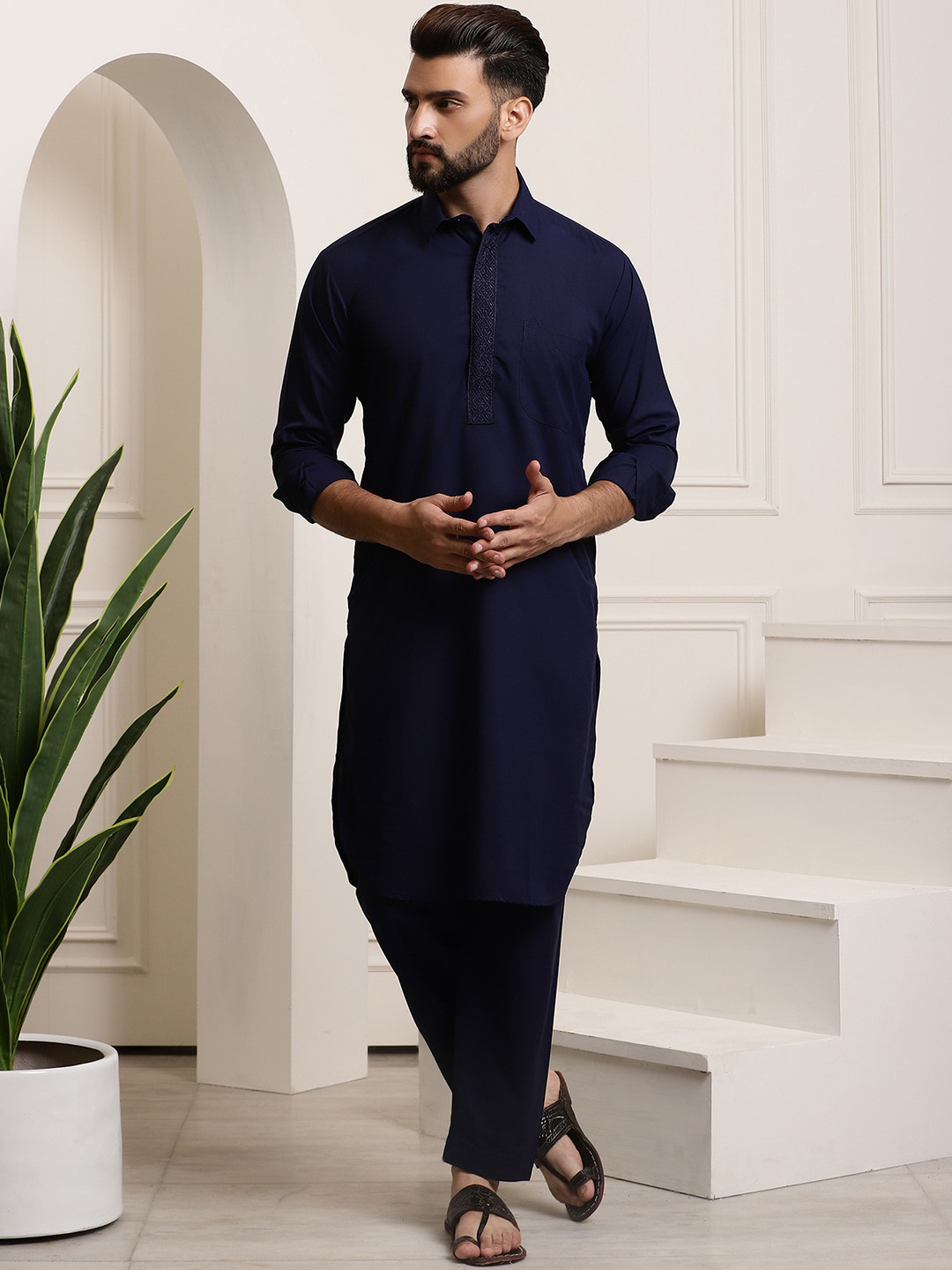 SOJANYA Thread Work Shirt Collar Pathani Pure Cotton Kurta with Pyjamas
