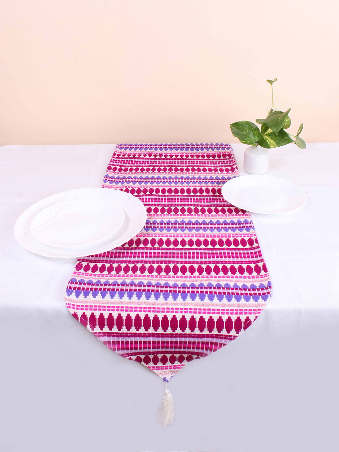 STITCHNEST Purple & Pink Woven Striped Table Runner